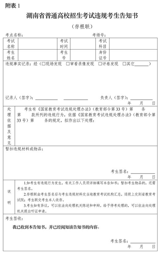附表1：湖南省普通高校招生考試違規考生告知書（存根聯）.png