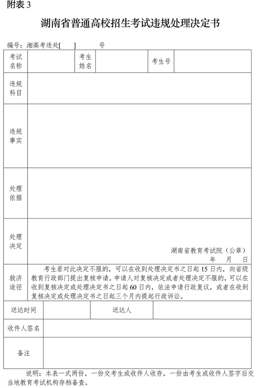 附表3：湖南省普通高校招生考試違規處理決定書.png